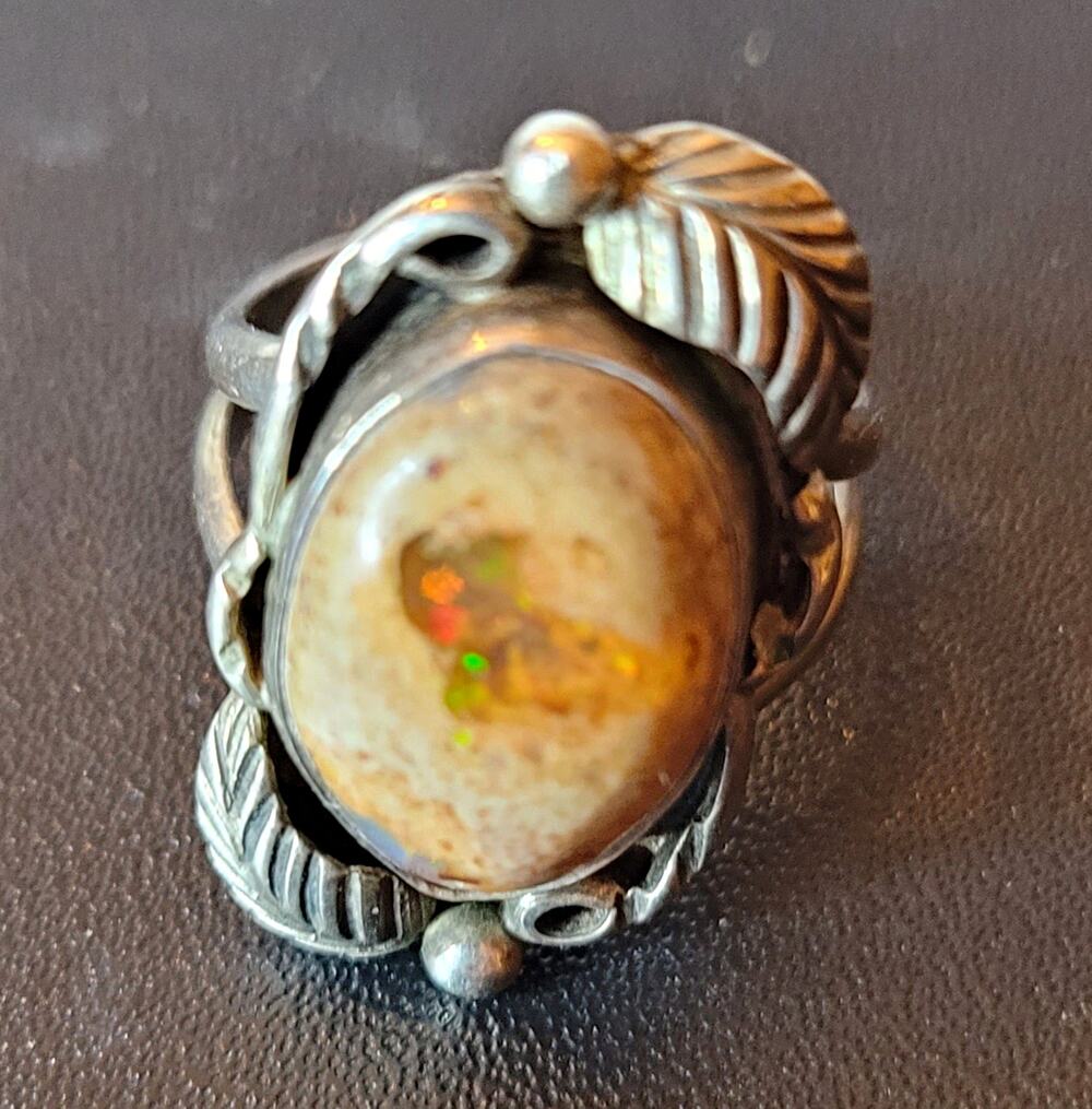 Signed JB Sterling Silver & Cantera Mexican Fire Opal Cocktail Ring, Size 5